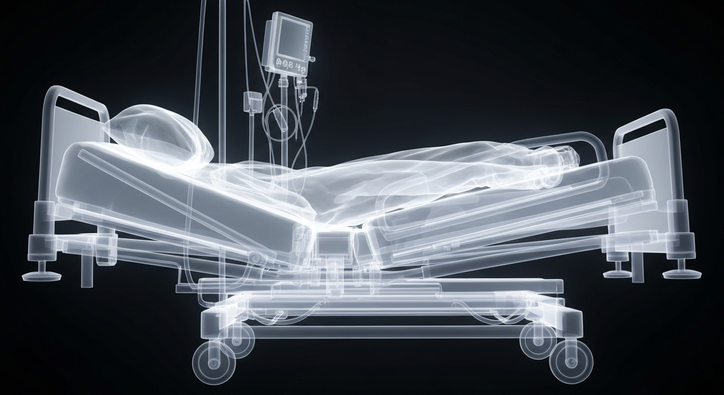 A ghostly, translucent X-ray photograph revealing the internal structures of a hospital bed, with glowing lines tracing the frame, mattress, and medical equipment, conceptually illustrating the fragility of mental health care systems.