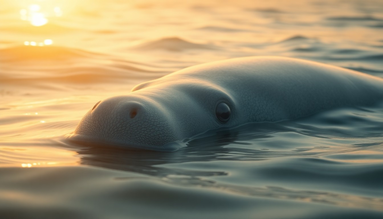 An abstract, out-of-focus photograph showing the blurred outline of a manatee's snout breaking the surface of the water, surrounded by soft, warm pools of sunlight reflecting off the waves.