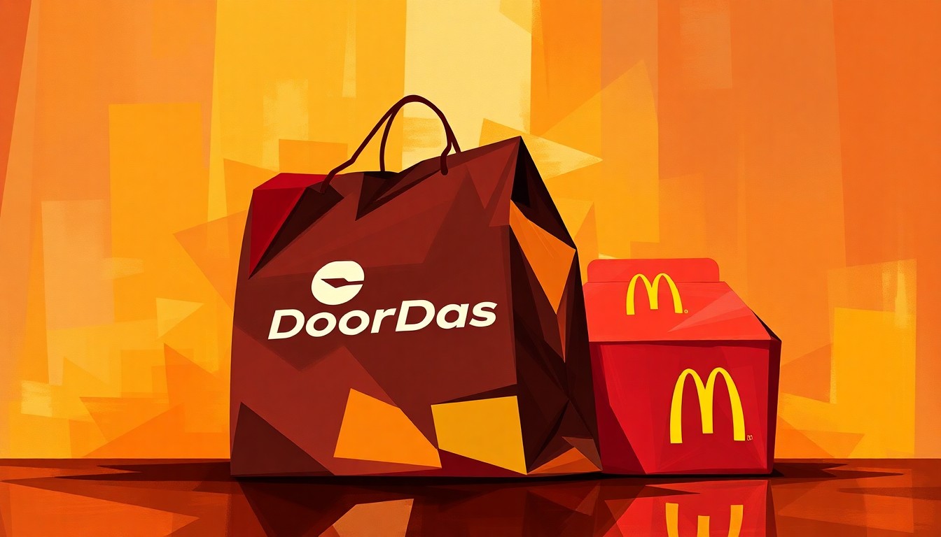 A dynamic, fragmented painting of a DoorDash delivery bag and McDonald's food containers in a collage of warm colors, conceptually representing the publicity stunt and frenetic energy surrounding the Oval Office delivery.
