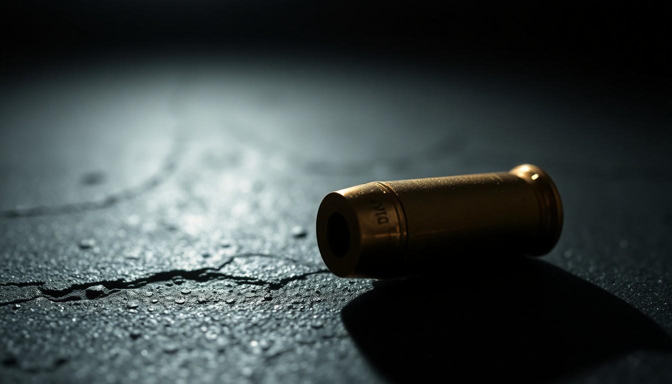An extreme close-up photograph of a single spent bullet casing on a dark, textured surface, lit by a harsh, direct camera flash, conceptually illustrating the aftermath of a tragic workplace shooting.