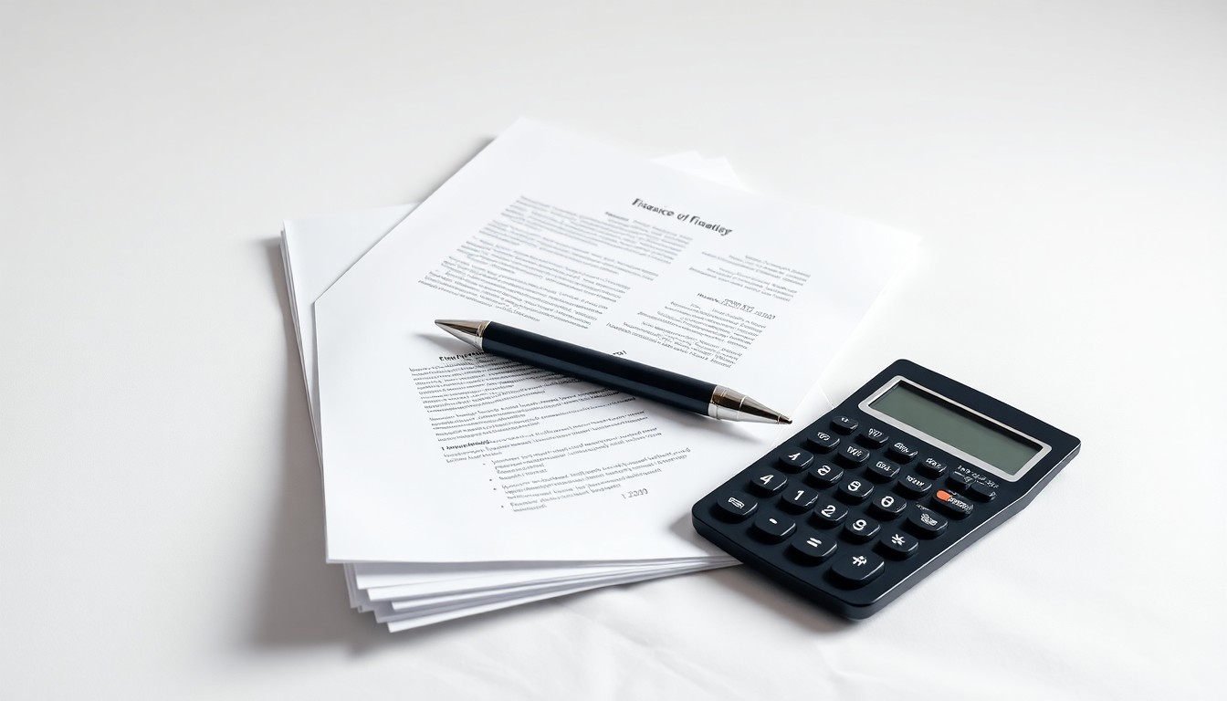 A high-end, photorealistic studio still-life photograph featuring a stack of financial documents, a pen, and a calculator arranged elegantly on a clean, white seamless background, conceptually representing the abstract corporate strategy and finance at the heart of this securities investigation.