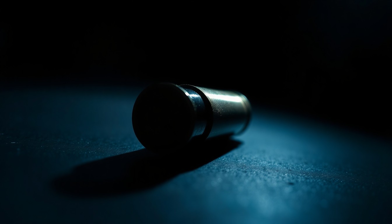 An extreme close-up photograph of a spent bullet casing on a dark surface, lit by a harsh, direct camera flash, conceptually illustrating the aftermath of a shooting incident.