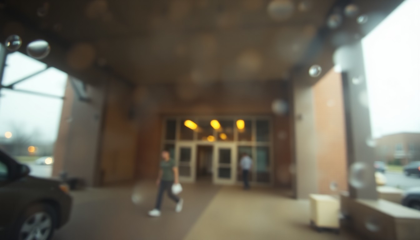 An abstract, out-of-focus scene depicting the exterior of a government building or community center, with soft, warm pools of light and color creating an atmospheric, dreamlike quality.