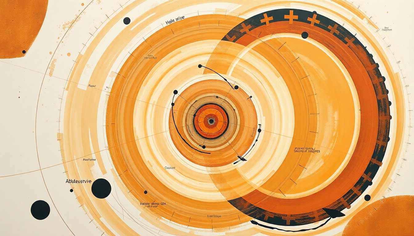 A highly textured, abstract painting featuring sweeping geometric arcs, concentric planetary circles, and precise botanical spirals in earthy tones of ochre, sage, and indigo, conceptually representing the complex forces and concepts of space exploration.
