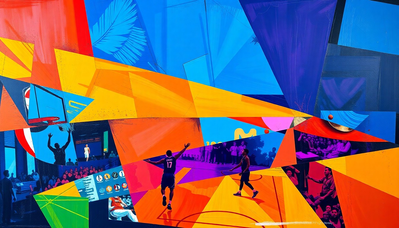 A cubist, geometric painting depicting a basketball game or playoff action, with sharp, overlapping shapes and planes in vibrant colors representing the energy and movement of the game.