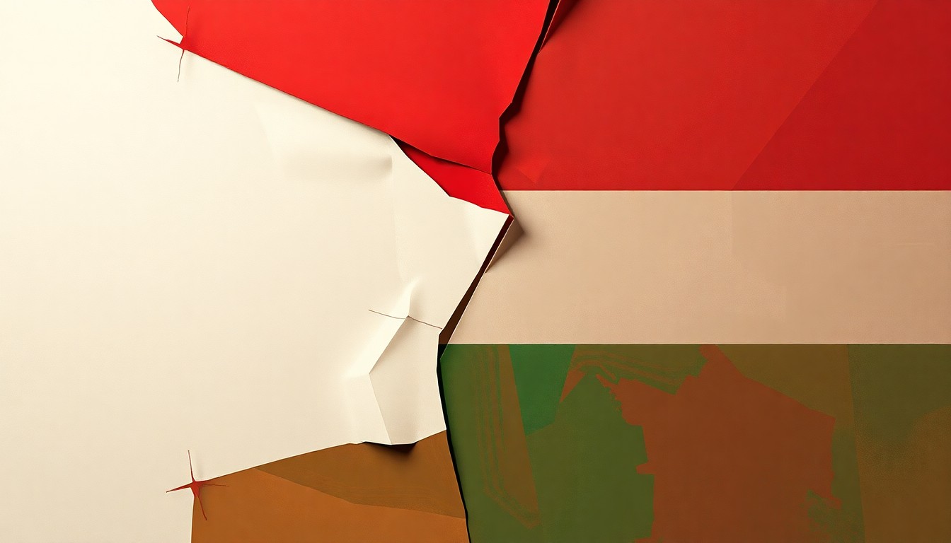 A dynamic, fragmented painting depicting a Hungarian flag being torn apart in overlapping, geometric waves of muted red, white, and green, conveying a sense of political upheaval and change.