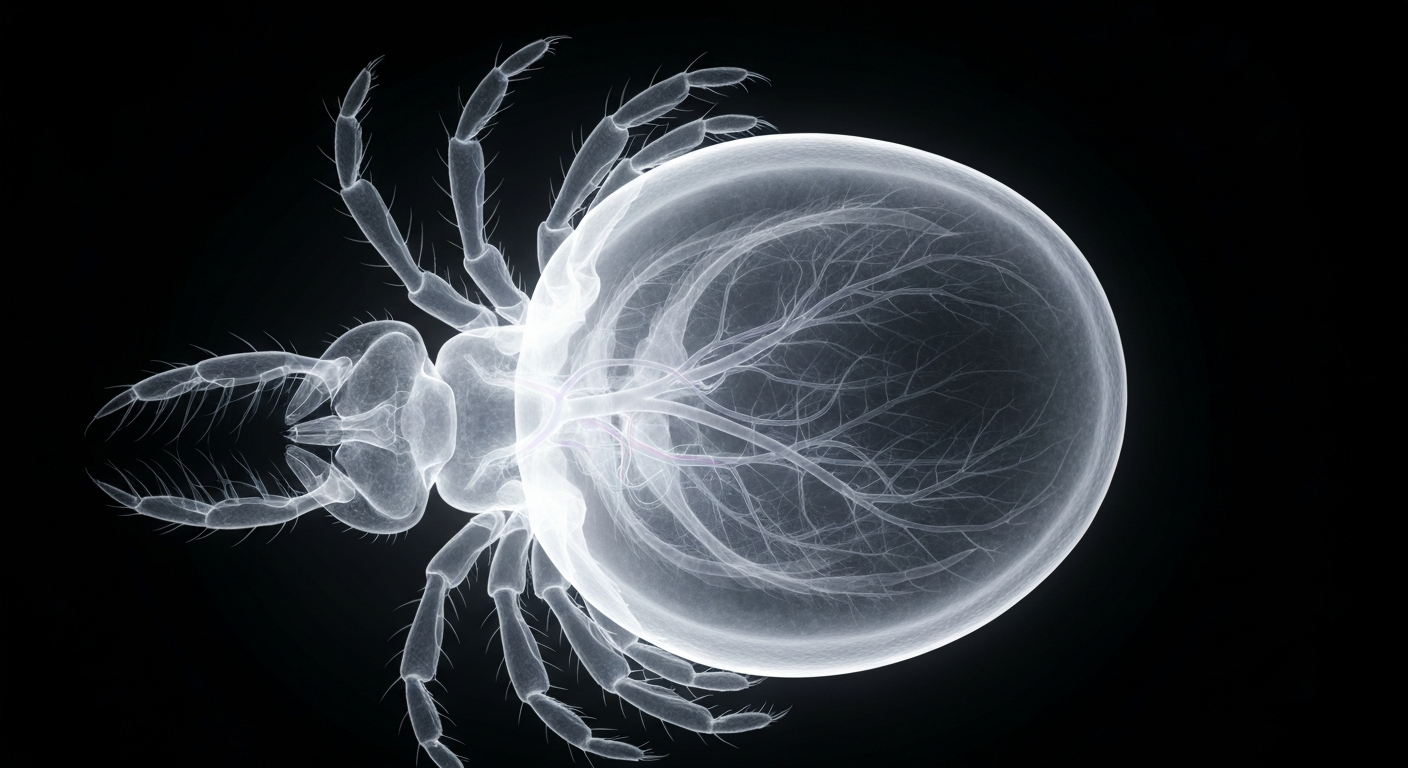 A highly detailed, translucent X-ray photograph revealing the intricate skeletal structure and circulatory system of a tick, conceptually illustrating the hidden dangers of these parasitic pests.