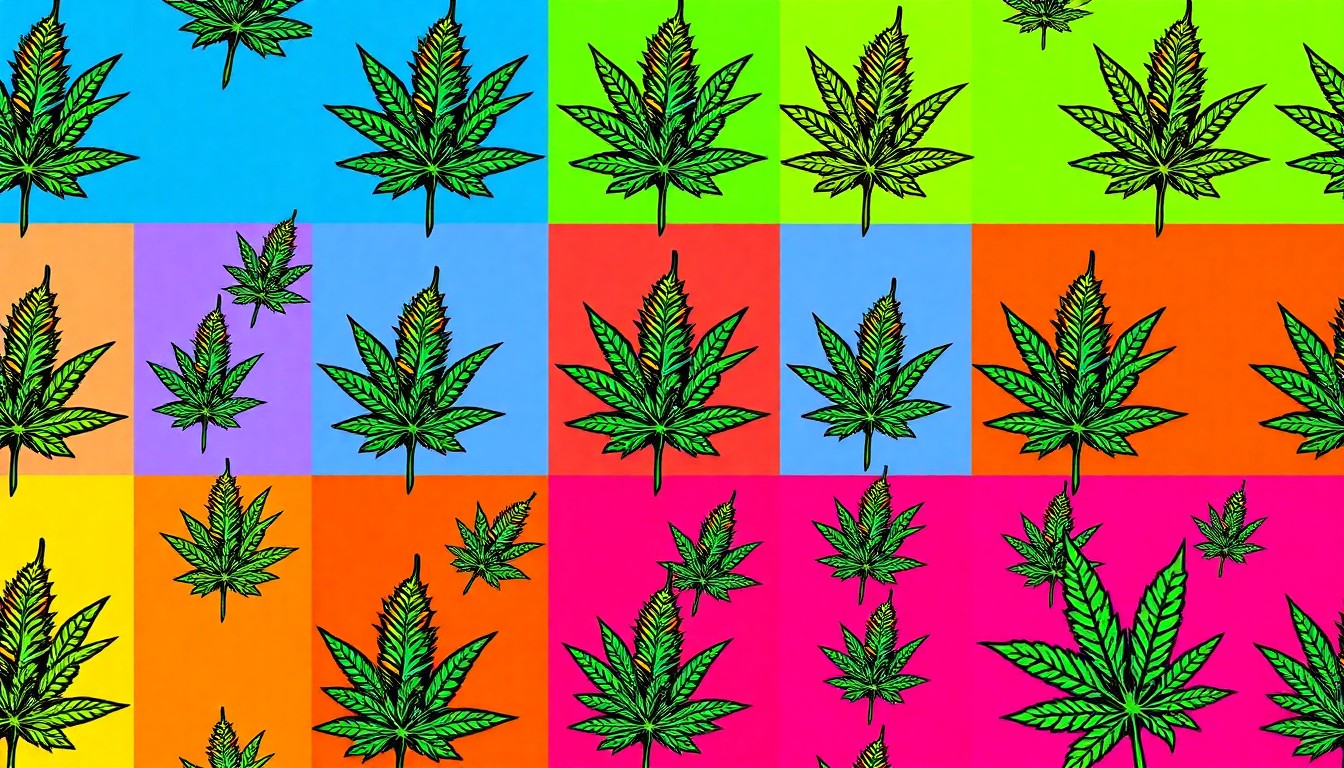 A brightly colored, high-contrast silkscreen print of a single, iconic hemp flower bud repeated in a tight grid pattern, conceptually representing the legal battle over the future of smokable hemp products in Texas.