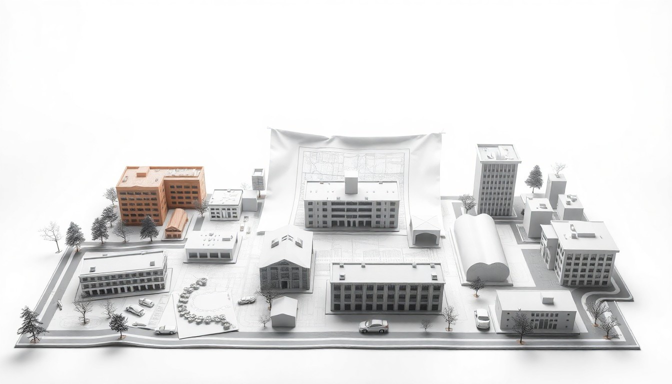 A high-end, photorealistic studio still-life photograph featuring a collection of architectural models, blueprints, and planning tools arranged elegantly on a clean, white seamless background, conceptually representing the various elements of community development and urban planning.