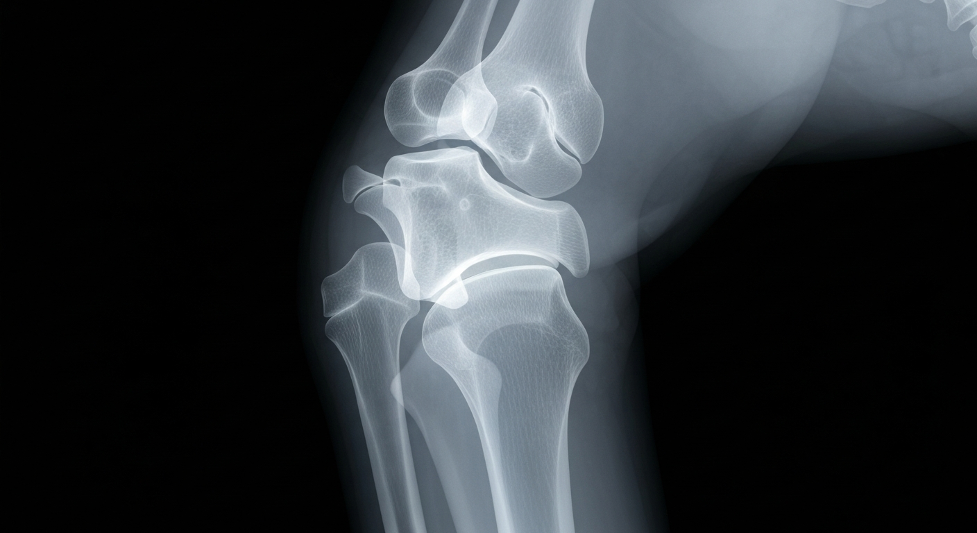 A ghostly, translucent X-ray image of an orthopedic joint, such as a knee or shoulder, glowing against a dark background, revealing the intricate internal structures and bones in detail to convey the medical knowledge and clinical expertise of the subject.