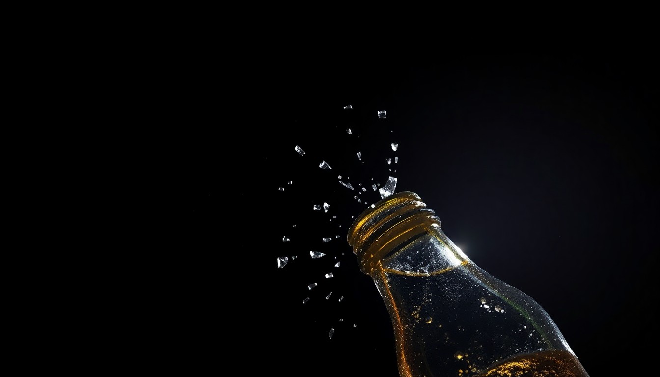 An extreme close-up of a shattered glass beer bottle, the jagged edges and texture dramatically illuminated by a harsh flash against a dark background, conceptually representing an act of domestic violence.