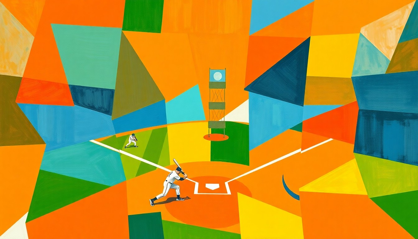 A cubist-style painting depicting a baseball game or match, with the players and field abstracted into sharp, overlapping geometric shapes in vibrant colors, capturing the energy and competitive spirit of the sport.