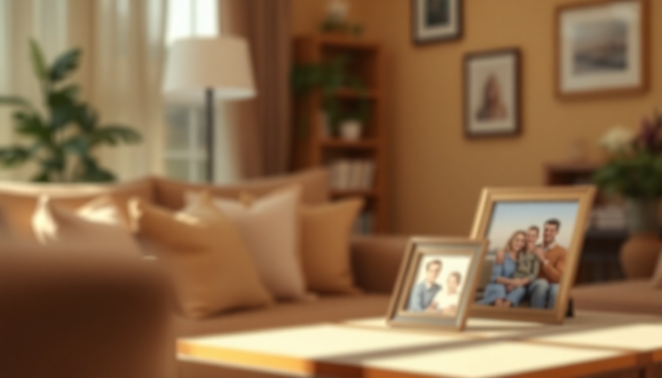 A softly blurred, intimate living room scene with a few framed family photos on a side table, conveying the concept of tastefully incorporating cherished memories into a home's design.