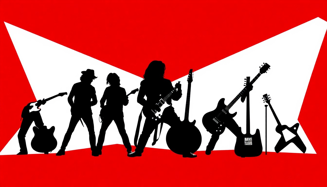 A minimalist, abstract illustration featuring bold black silhouettes of classic rock instruments and shapes, set against a high-contrast background of deep red and bright white, capturing the iconic energy of John Fogerty's music.