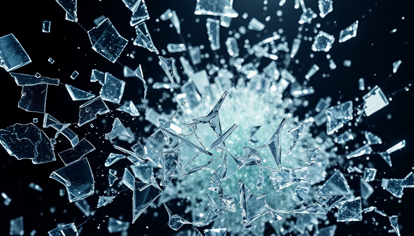 An abstract close-up photograph featuring shattered glass, metallic surfaces, and dramatic lighting, conceptually representing the dramatic dismissal of a musician from a prominent band.