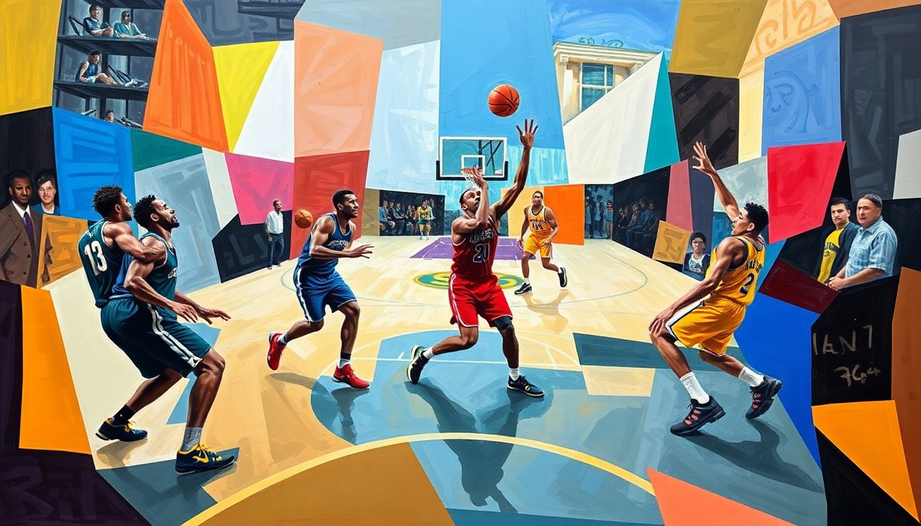 A cubist, geometric painting depicting a fragmented basketball game, with players' figures and the court broken down into abstract shapes and planes of color, capturing the intensity and energy of the final stretch of the NBA season.