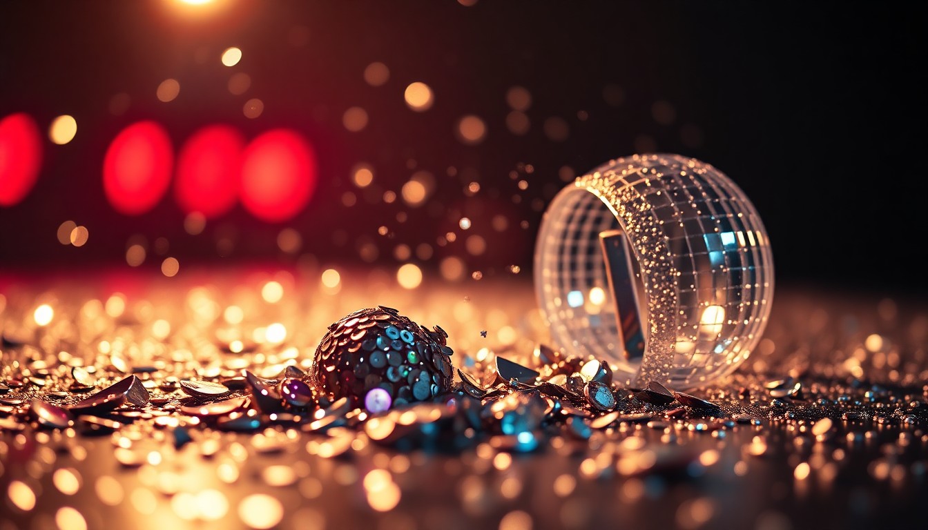An abstract close-up image of shimmering sequins and shattered glass, capturing the glamour and excitement of a major music festival.
