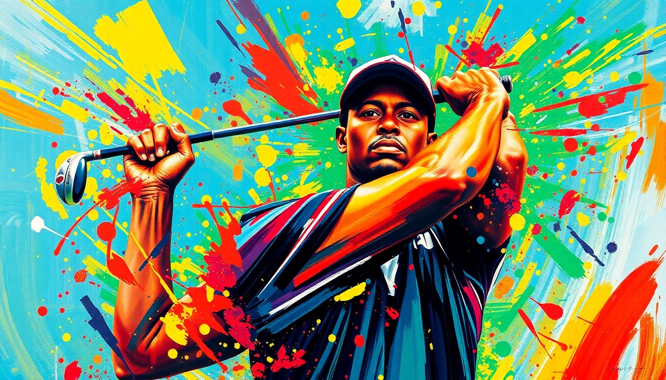 An abstract expressionist painting in vibrant neon colors depicting the dynamic motion of a young golfer swinging a club, with the details of the trophy dissolving into unrecognizable brushstrokes.