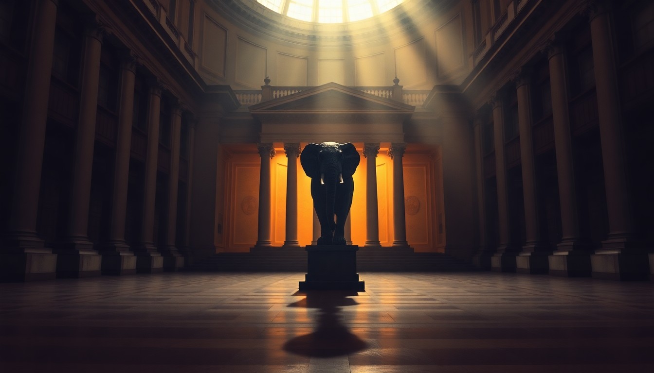 A cinematic painting depicting a lone Republican elephant statue in a dimly lit, deserted state capitol building, with warm sunlight and deep shadows creating a melancholy, nostalgic mood that reflects the party's struggles.