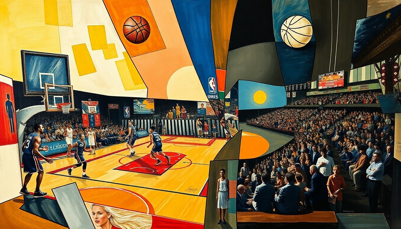 A cubist, geometric painting depicting fragmented scenes of a basketball game and a baseball game, capturing the energy and excitement of sports betting.