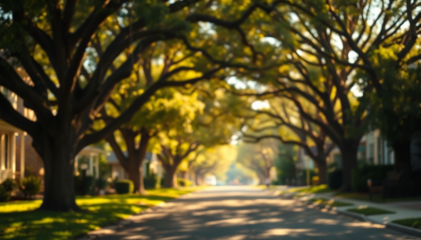 An out-of-focus photograph of a residential street lined with mature oak trees, their branches casting soft, dappled shadows on the sidewalk below. The scene is bathed in a warm, golden light, creating a sense of community and tranquility.