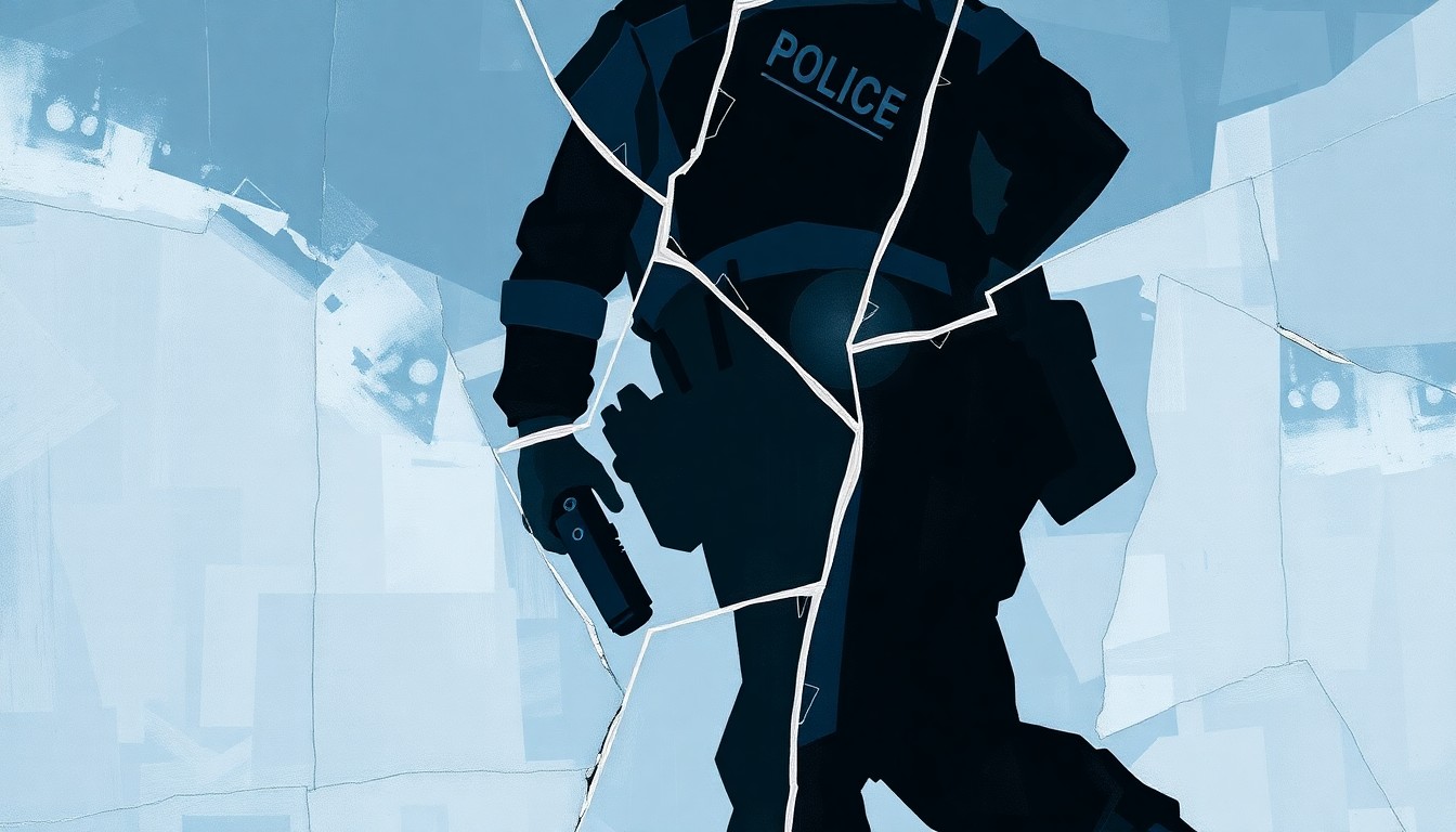 A fractured, abstract painting in shades of blue, grey, and black depicting the silhouette of a police officer in motion, conveying the tension between individual rights and professional duties.