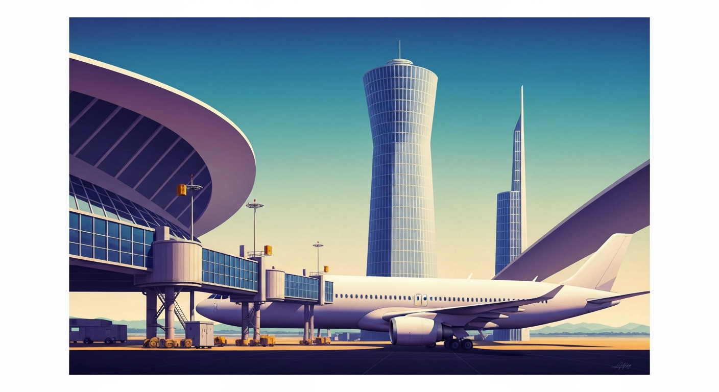 A highly stylized, geometric illustration depicting the towering, streamlined forms of an airport terminal or aircraft, rendered in smooth, airbrushed gradients of blues and grays, conceptually representing the grand scale and romance of air travel.