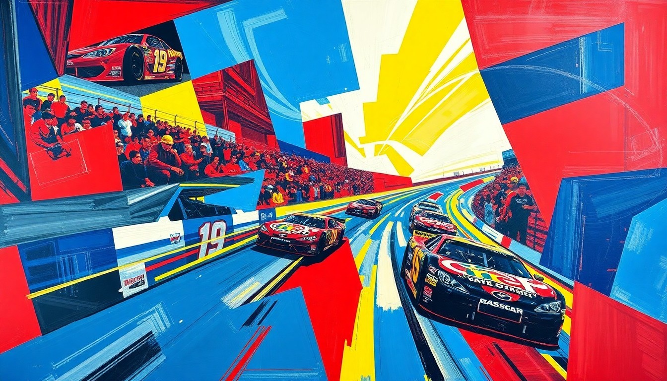 A cubist, geometric painting depicting a NASCAR race or competition, with sharp, overlapping planes of red, blue, and yellow paint capturing the dynamic motion and energy of the sport.
