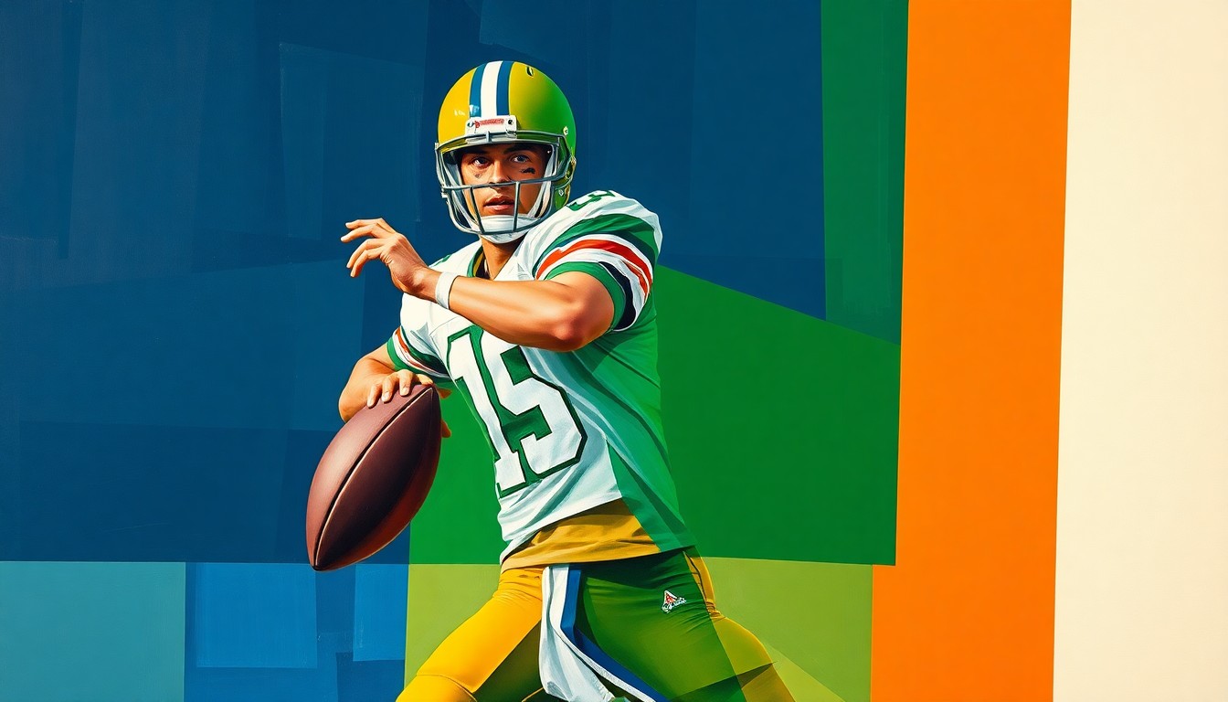 A fragmented, cubist-style painting depicting a football quarterback in the act of throwing, with the player's body and the ball broken down into sharp, overlapping geometric shapes and planes in a palette of navy, green, and orange, conveying the complex decision-making process the Texans face regarding Stroud's long-term future.