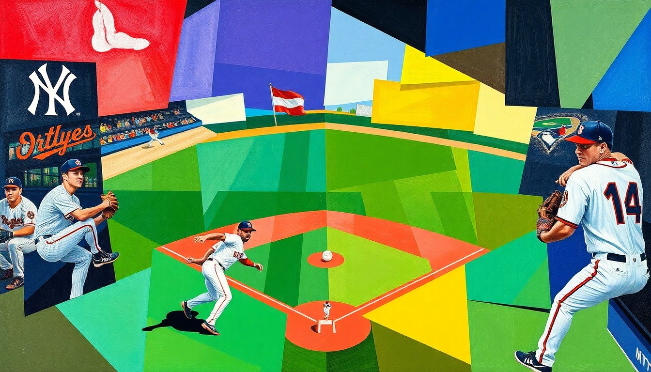 A cubist, geometric painting depicting various baseball players and actions, broken down into overlapping planes of color representing the official team colors of the AL East teams.