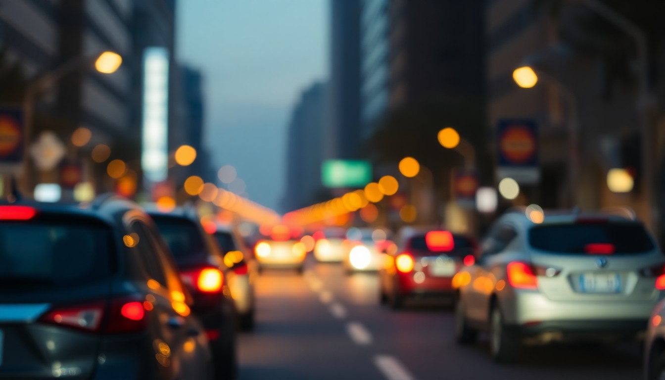 An abstract, out-of-focus photograph of a city street at night, with blurred headlights, taillights, and streetlamps creating a warm, atmospheric glow that conveys a sense of movement and energy related to roadway safety.
