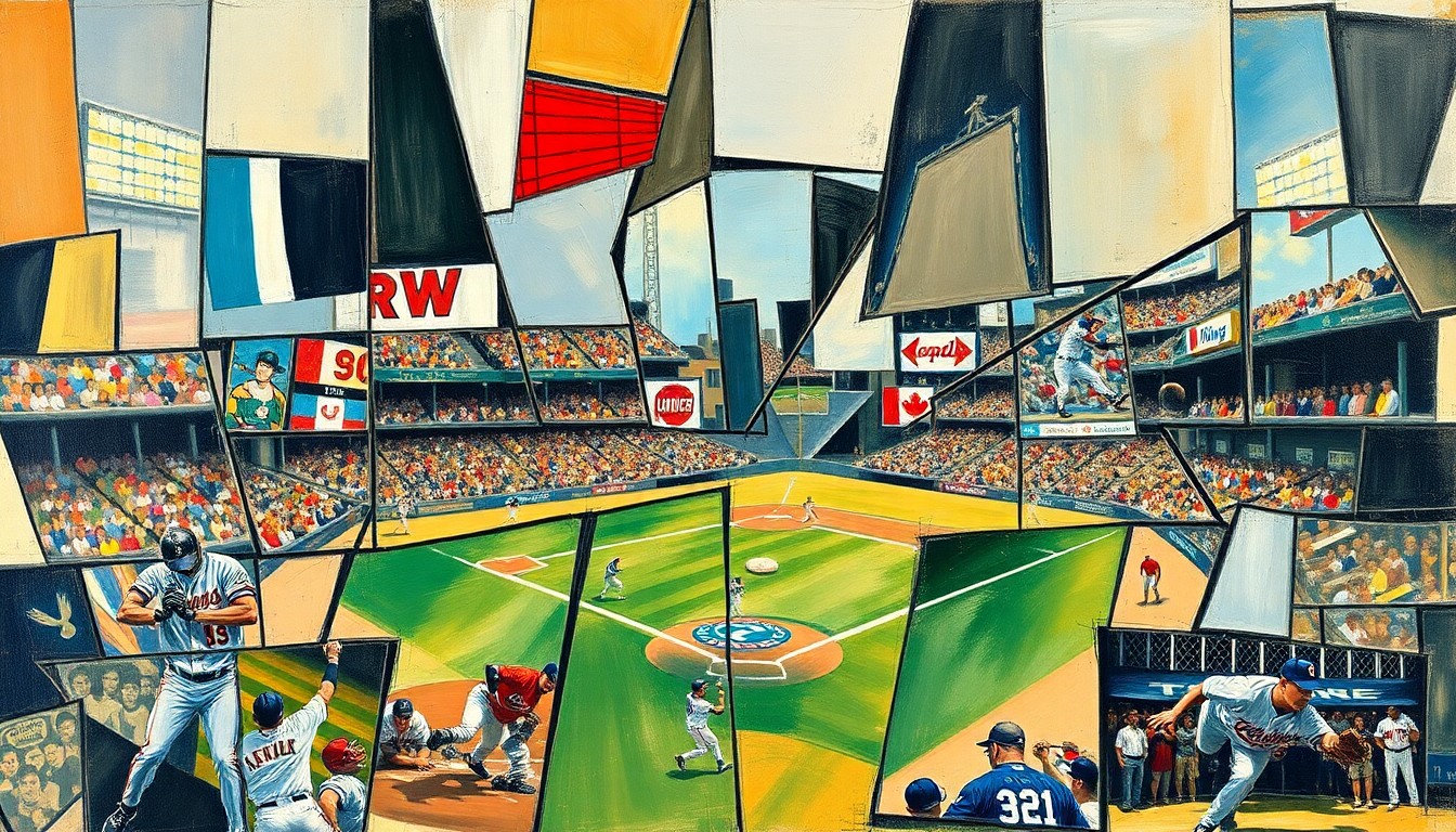 A fragmented, geometric painting depicting various baseball actions and movements, with players and equipment broken down into sharp, overlapping shapes and planes of color.