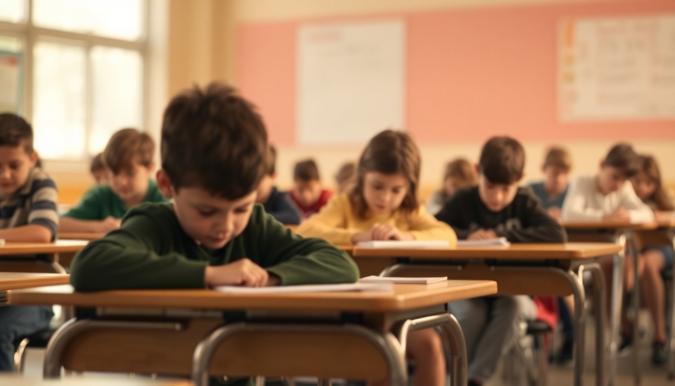 A blurred, impressionistic photograph showing the backs of several elementary school students sitting at desks, conveying the mood and atmosphere of standardized testing.