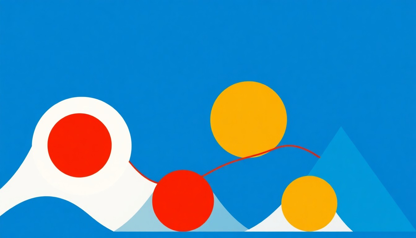 A composition of overlapping geometric shapes in shades of blue, green, and red, conceptually representing the fluctuating price of carbon emissions allowances traded on the market.