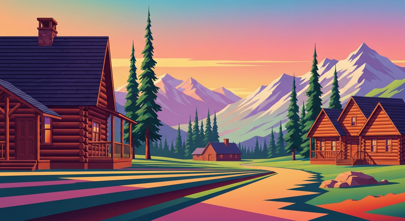 A highly stylized, geometric illustration depicting the sweeping mountain landscape and log cabin buildings of Tumbling River Ranch, rendered in bold, airbrushed gradients of earthy greens, blues, and browns to capture the resort's rustic yet refined aesthetic.