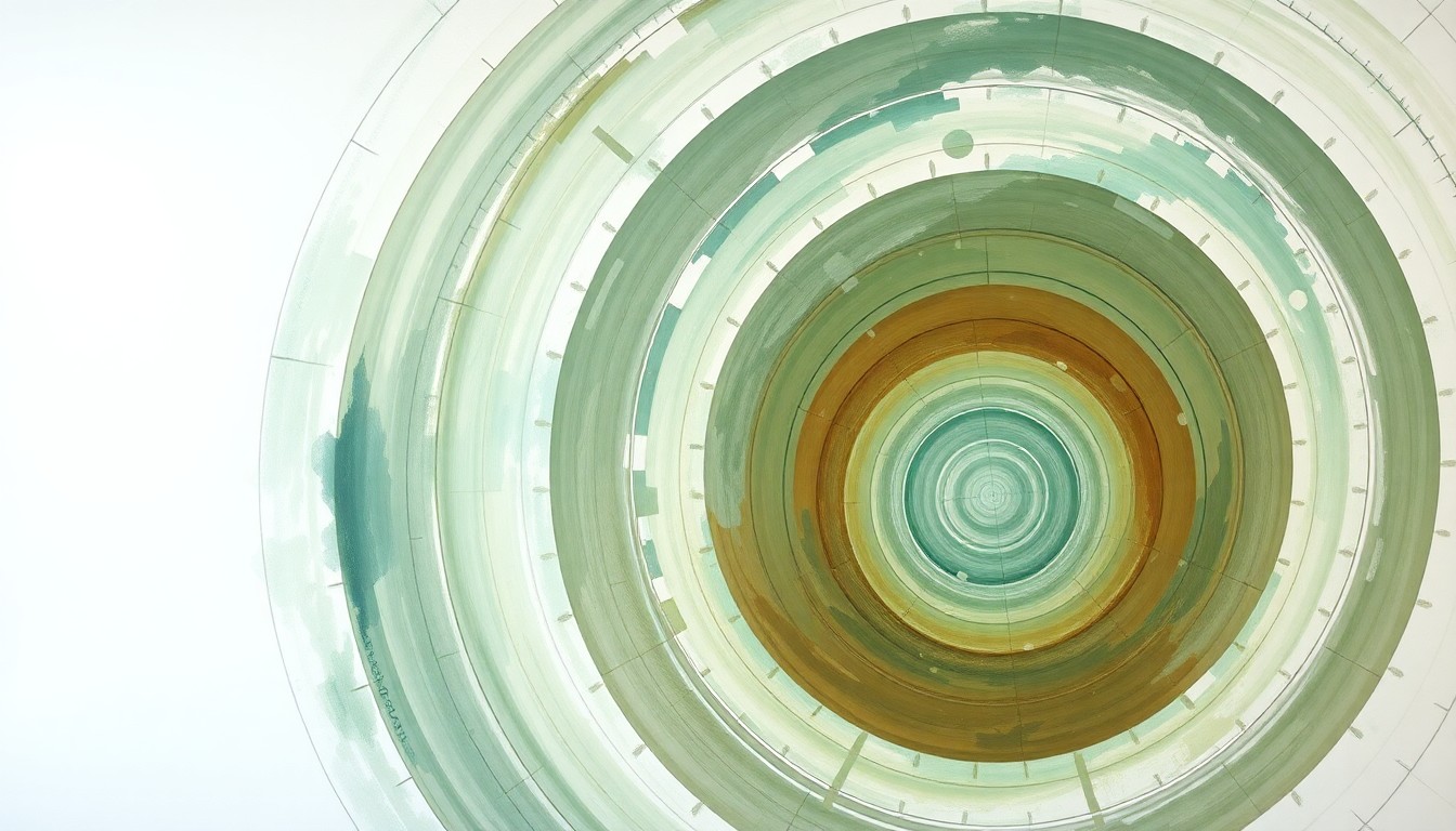 A bold, abstract painting featuring sweeping geometric arcs, concentric circles, and precise spirals in earthy tones of green, blue, and brown, conceptually representing the complex scientific forces and concepts behind the use of ultrasound to generate light within the human body for targeted medical treatments.