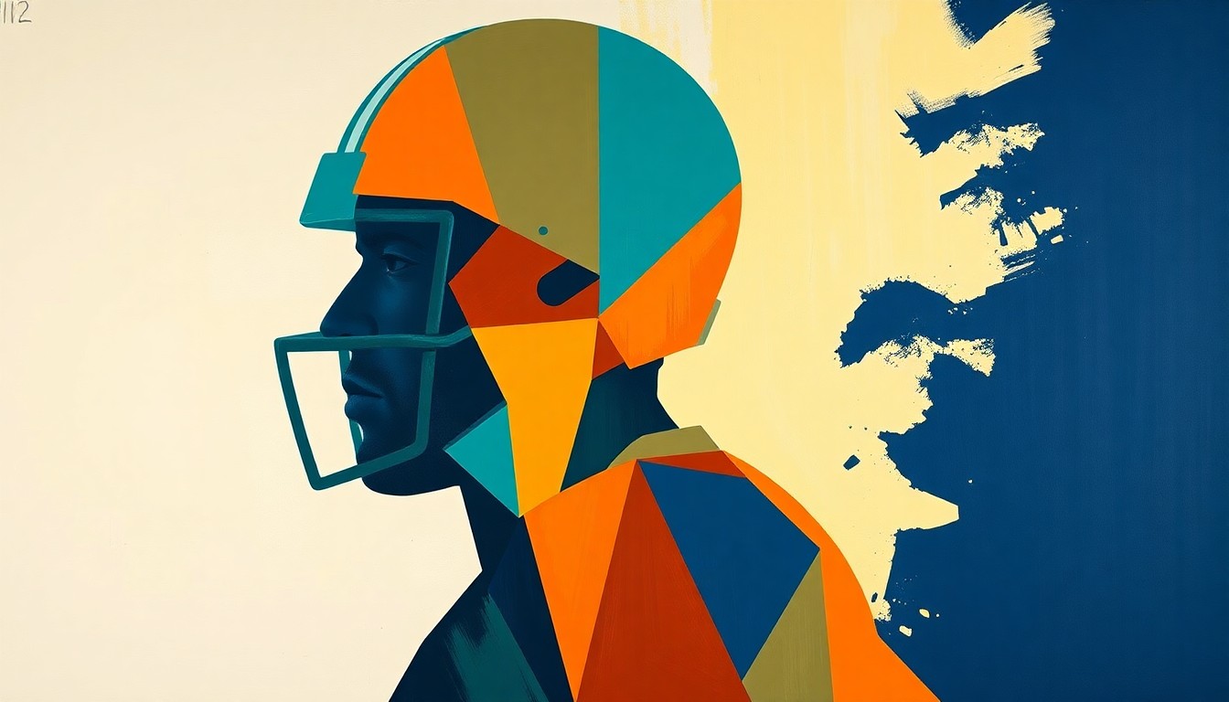 A fragmented, geometric painting depicting the silhouette of a football player, broken down into sharp, overlapping planes of teal, orange, and navy blue, conceptually representing the multifaceted considerations teams face when evaluating draft prospects.