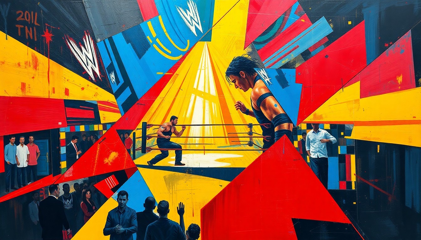 A cubist, geometric painting depicting the intense action and competitive energy of a WWE wrestling match, with sharp, overlapping shapes and planes in a vibrant color palette.