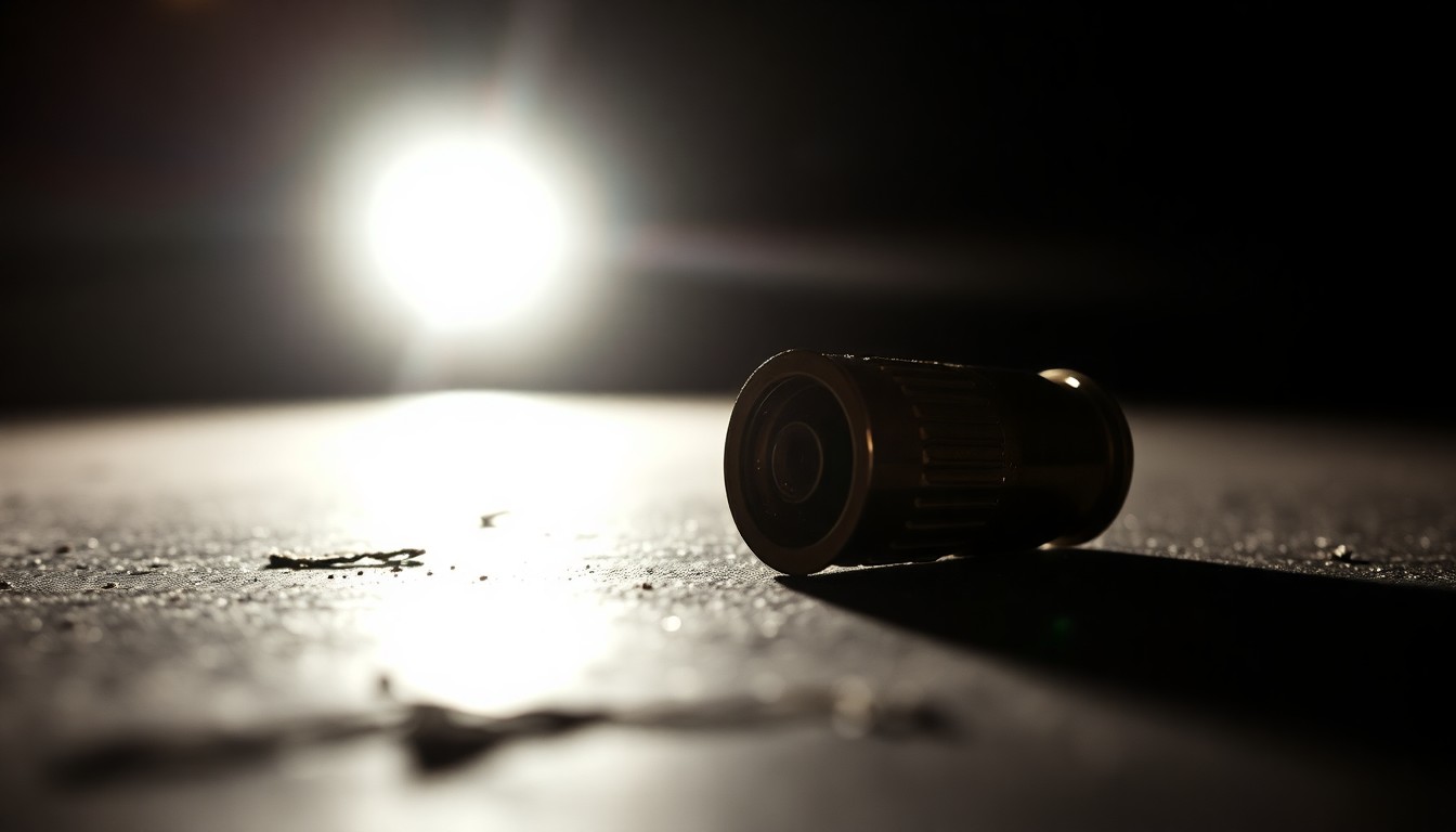 An extreme close-up photograph of a single spent shell casing on a dark surface, lit by a harsh, direct camera flash, conceptually representing the forensic evidence and unanswered questions surrounding a domestic violence incident.