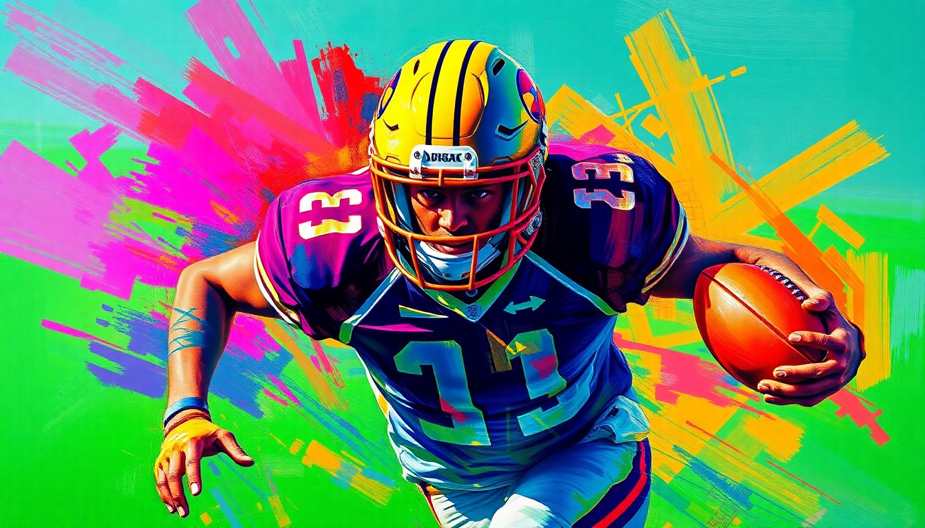 An abstract, energetic painting in neon colors showing a football player's body in motion, with their face and uniform dissolving into expressive brushstrokes that capture the raw emotion and intensity of the sport.