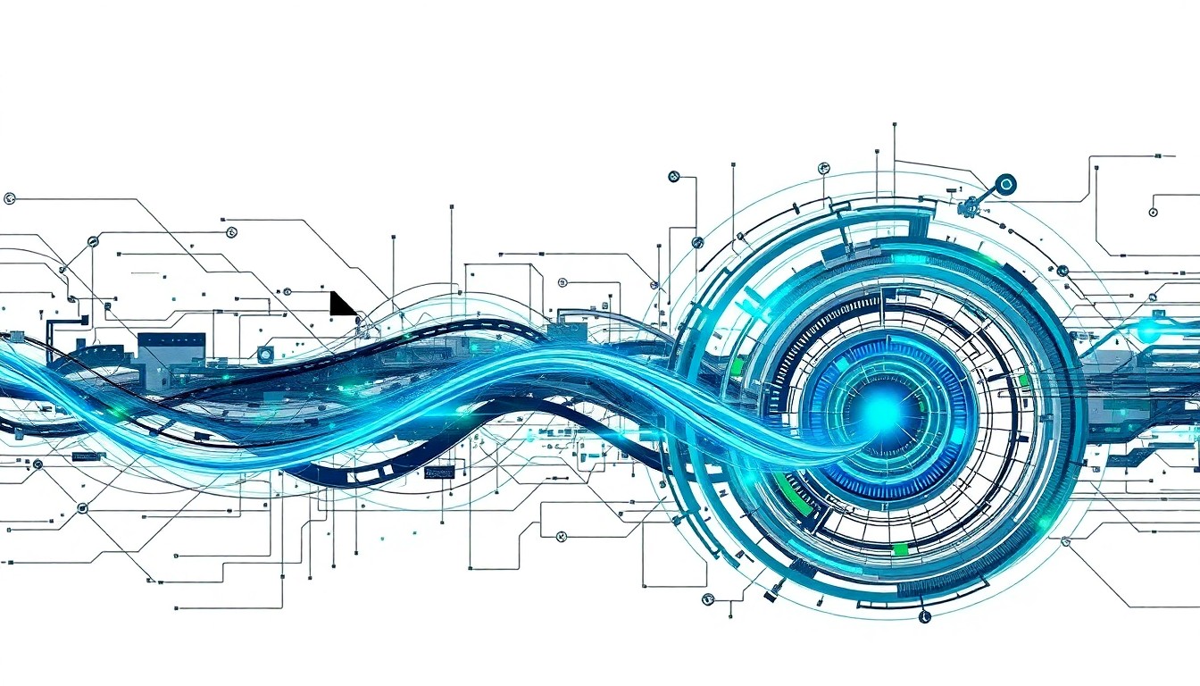 An abstract painting featuring sweeping geometric arcs, intersecting waveforms, and precise mechanical spirals in metallic grays, electric blues, and neon greens against a clean white background, conceptually representing the complex forces and concepts of robotics engineering.