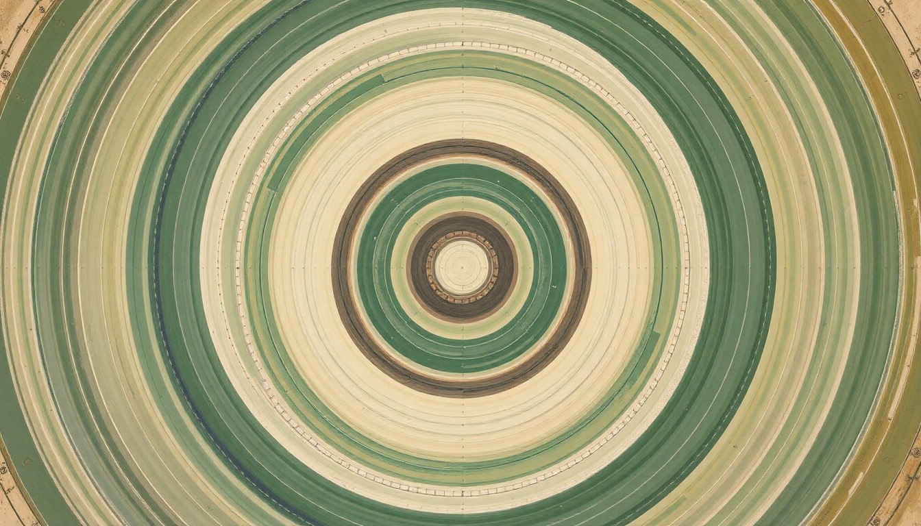 A highly structured abstract painting in muted earth tones, featuring sweeping geometric arcs, concentric circles, and precise botanical spirals, conceptually representing the complex forces and environmental disruption of nuclear weapons production.