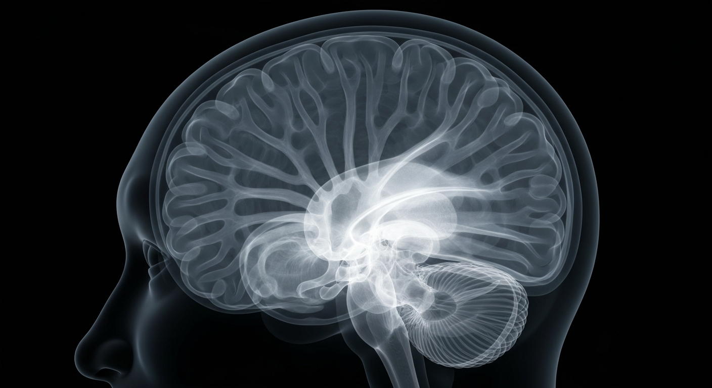 An extreme close-up X-ray image showing the delicate structures of the human brain, conveying the complexity of Jessica's medical condition and the resilience required to overcome it.