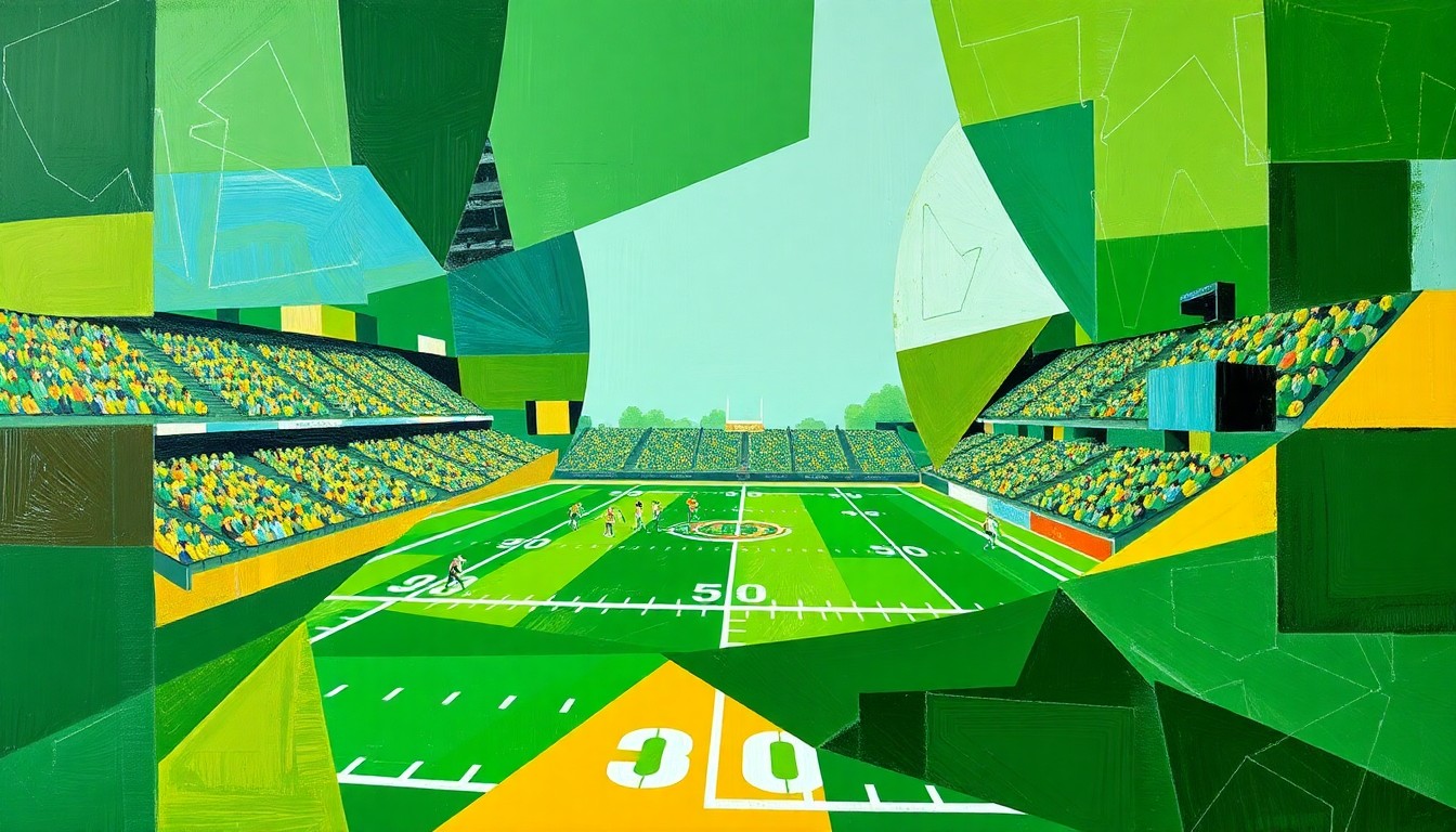 A cubist-style painting featuring overlapping geometric shapes and planes in shades of green, gold, and blue, conceptually representing the fast-paced action and strategic depth of a high school football game.