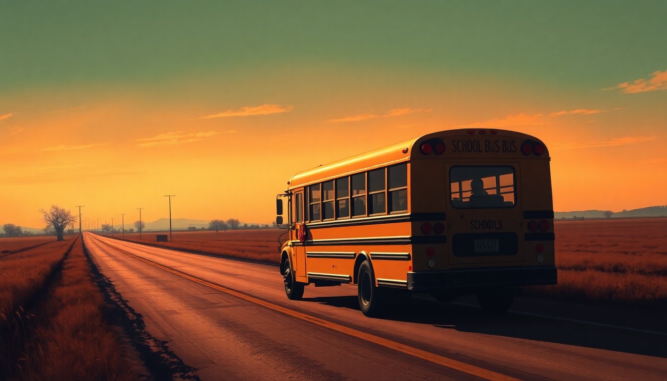 A serene, painterly image of a lone school bus parked on a rural road, the vehicle's yellow exterior and windows reflecting the warm, golden light of the Texas sun, evoking a sense of nostalgia and the importance of public education in small-town communities.