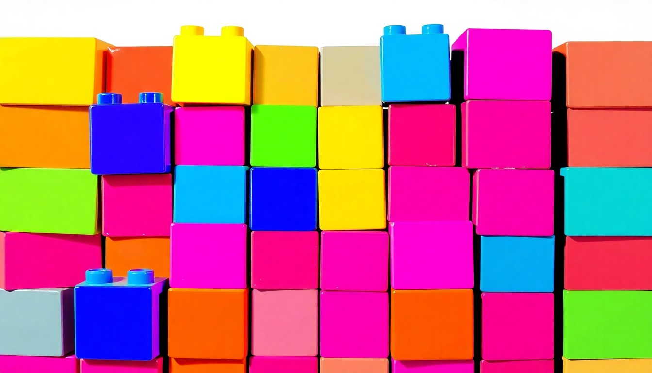 A highly stylized, abstract grid of colorful children's building blocks in primary colors, conceptually representing the playful, educational focus of the new childhood education center.