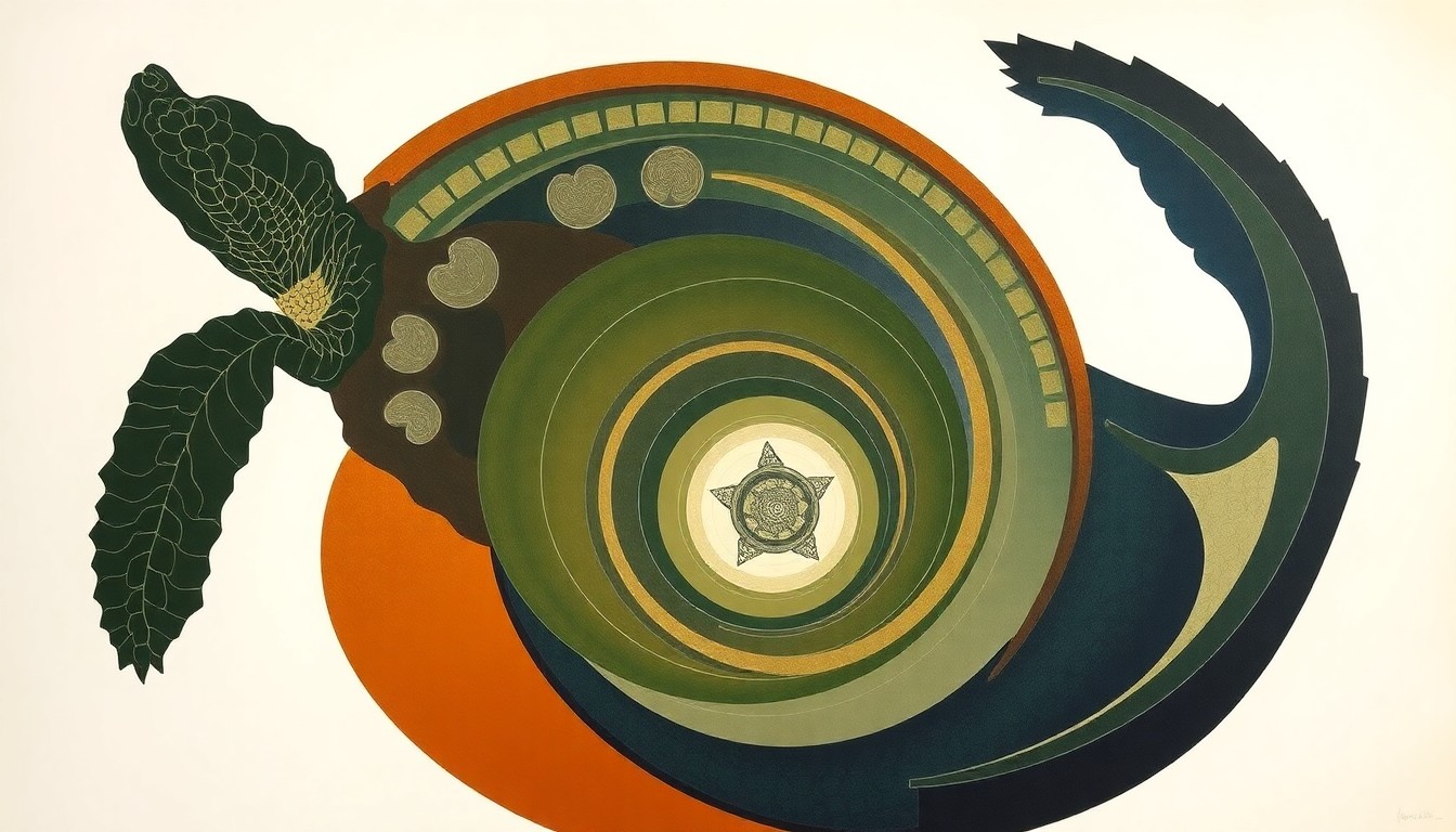 A highly textured, abstract painting in earthy tones of green, brown, and blue, featuring sweeping geometric shapes and precise botanical spirals that conceptually represent the complex life cycle and ecological importance of the alligator snapping turtle.