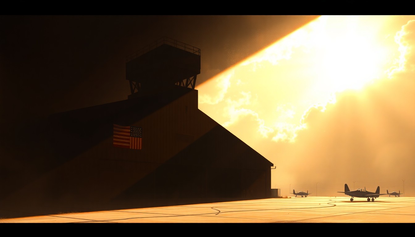 A cinematic painting of an old military airfield control tower or hangar structure, with warm sunlight streaming through the windows and deep shadows cast across the scene, evoking a nostalgic, historical mood.