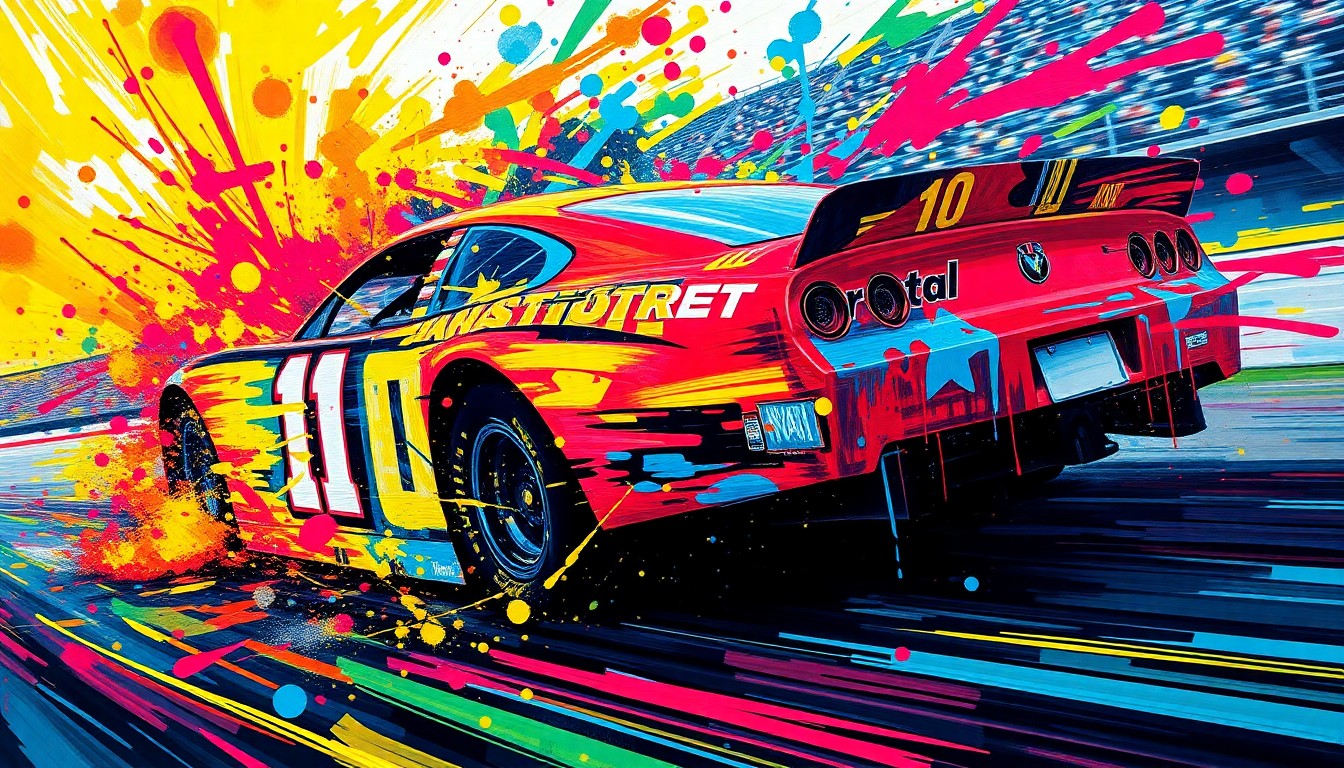 An abstract expressionist painting in vibrant neon colors, with rapid brushstrokes and blurred shapes representing the speed and energy of a NASCAR race at Bristol Motor Speedway.