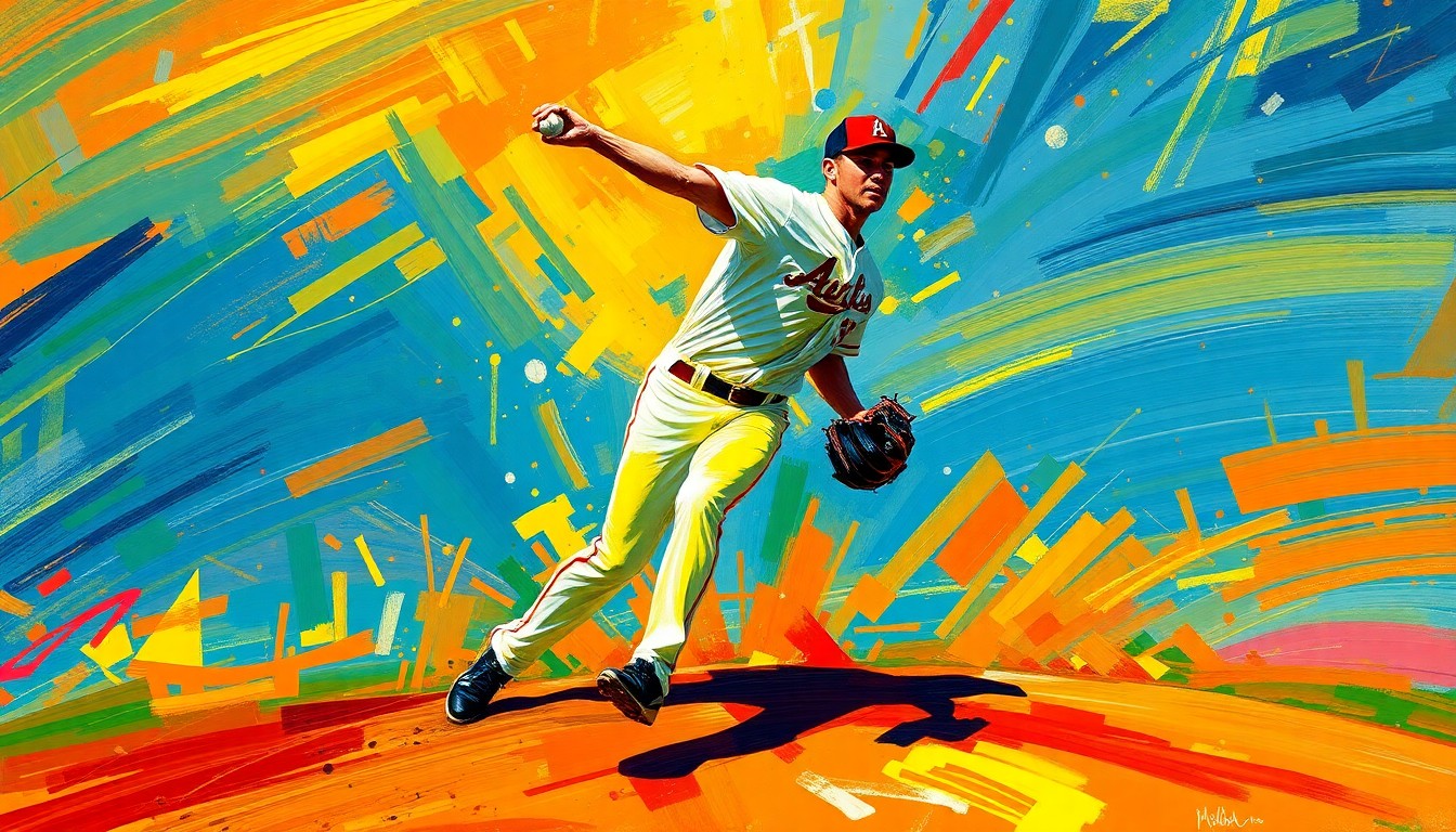 A highly textured, energetic painting in neon colors depicting the dynamic motion of a baseball pitcher in mid-delivery, conceptually representing the anticipation for Jared Jones' return to the Pirates' rotation.